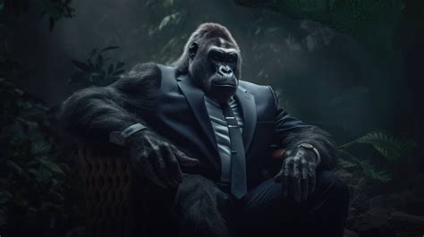 A 4K ultra hd wallpaper of a sophisticated gorilla in a tailored suit, exuding confidence as it ...