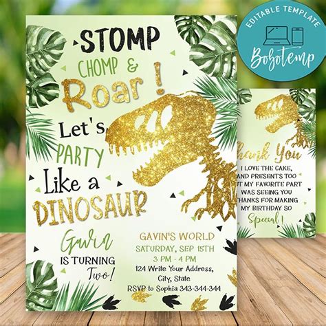 Editable T-Rex Dinosaur 2nd Birthday Invitations Instant Download | Createpartylabels