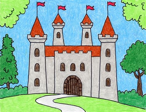 Easy How to Draw a Castle Tutorial and Castle Coloring Page