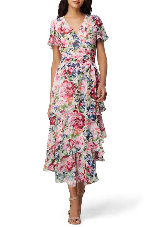 Women's Tahari Floral Print Ruffle Chiffon Midi Dress, Size 12 - Pink in 2020 | Dress collection ...