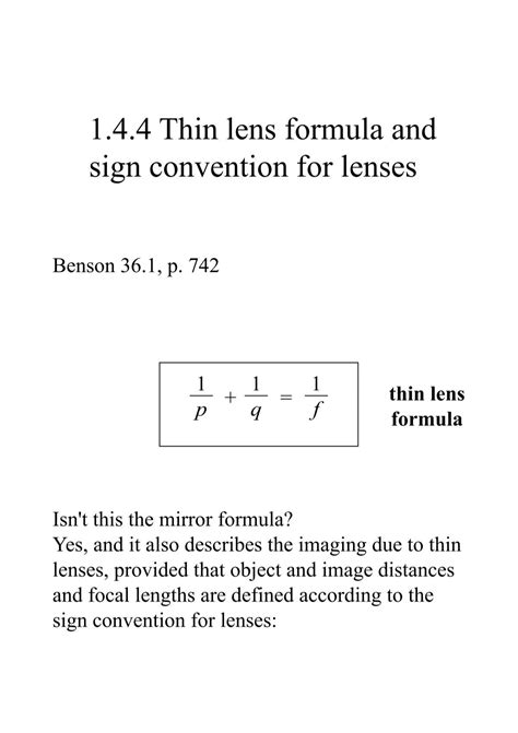 1.4.4 Thin lens formula and sign convention for lenses