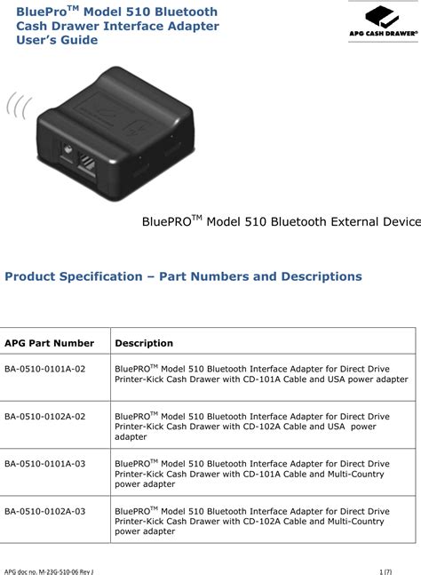 APG CASH DRAWER 51002 BLUETOOTH CASH DRAWER INTERFACE User Manual M 23G 510 06