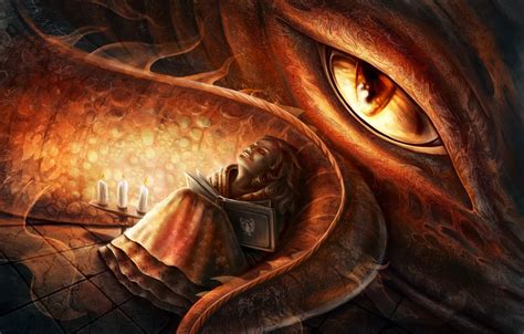 Wallpaper eyes, dragon, sleep, candles, art, girl, tail, book, Elena Mikhailava images for ...