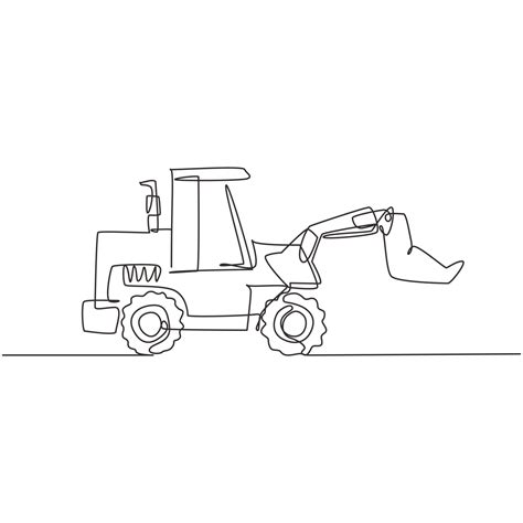 One continuous line drawing of bulldozer for digging soil, commercial vehicle. Heavy backhoe ...