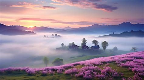 Premium AI Image | Sunrise over the mountains with purple flowers