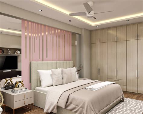 Compact Guest Bedroom Design With Floating Pink Backdrop And Mirror Paneling | Livspace