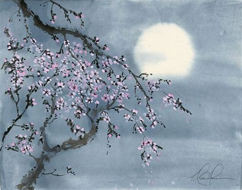 Original Cherry Blossom with Moon Painting - Nan Rae Studio