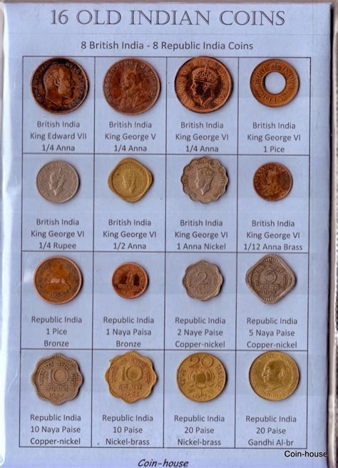 Coin-House: Collection of 16 Rare Old Indian Coins, Edward to Republic India Gandhi 20 Paise