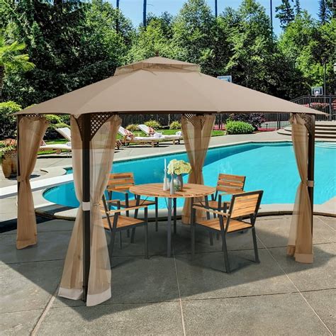 Costway 12' x 10' Outdoor Patio Gazebo Canopy Shelter Double Top Sidewalls Netting Brown ...