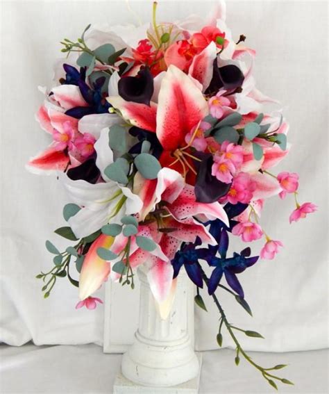 Cascade Bridal Bouquet Tiger Lilies Rubrium And White Calla Lilies Blue Galaxy Orchids Grooms ...