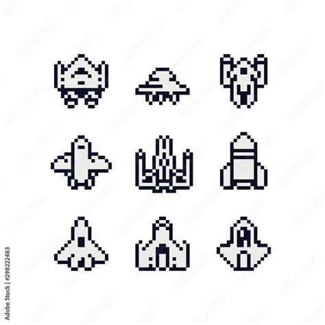 Ufo spaceship pixel art icon set. Cute spacecraft logo for game. Design for sticker, mobile app ...