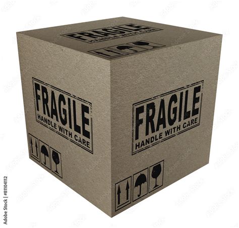 3D Cardboard box with fragile and this side up text and icons Stock Illustration | Adobe Stock