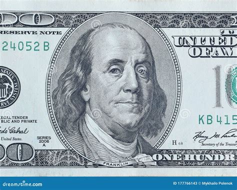 Portrait of US President Benjamin Franklin on 100 Dollars Banknote Closeup Macro Fragment ...