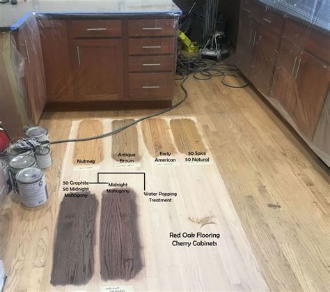 Red oak flooring stain options with Cherry Cabinets. Nutmeg, Antique Brown, Early American ...