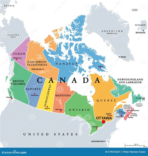 Canada, Administrative Divisions, Provinces and Territories, Colored Map Stock Vector ...