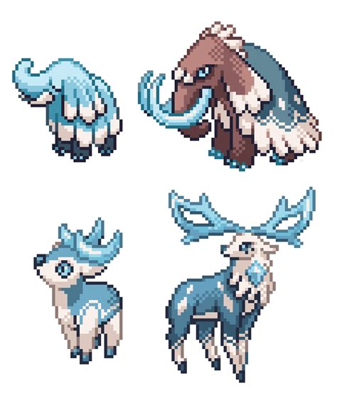 Fossil sprites for my rom hack: Mammusk and Mammodon (ice/normal); Caribliss and Caribard (ice ...