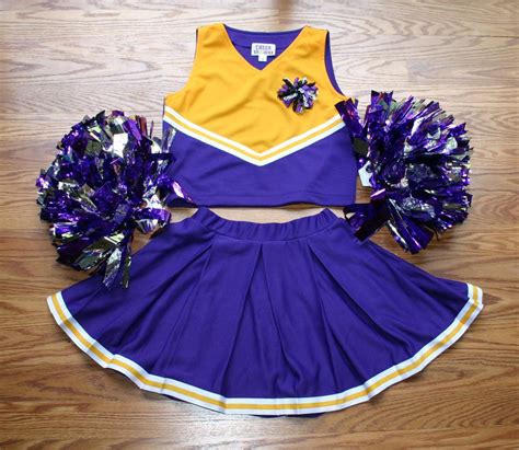 CHEERLEADER OUTFIT COSTUME UNIFORM PURPLE GOLD POM POMS 12 DELUXE SET | eBay