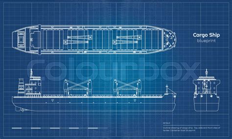 Blueprint of cargo ship on white background. Top, side and front view of tanker. Container boat ...