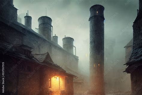 Medieval Town Architecture at Night - Digital Art, 3D Render, Concept ...