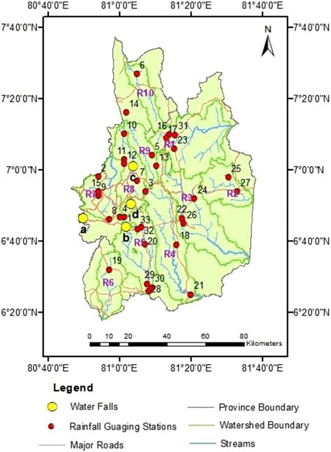 Map of Uva province showing major waterfalls (a Bambarakanda Falls, b... | Download Scientific ...