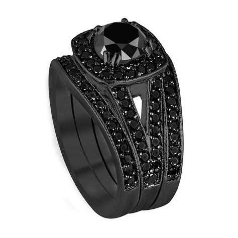 Trio Black Diamonds Engagement Ring Set, Wedding Anniversary Rings Sets, 14K Black Gold Vintage ...