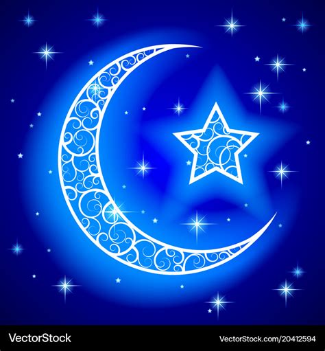 Shining decorative half moon with star on blue Vector Image