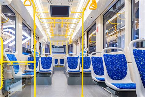 Interior design of a modern bus. Empty bus interior. Public transport ...