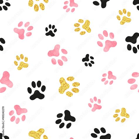 Dog paw print seamless pattern in pink, black and golden colors. Stock Vector | Adobe Stock