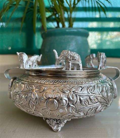 Silver Plated Brass Urli Bowl Showpiece, Indian Good Luck Charm Elephant, Indian Home Decoration ...