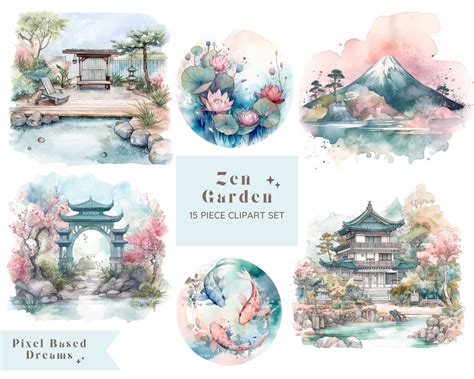 Zen Garden Clipart Digital Watercolor Clip Art Japanese Garden Clipart Commercial Use Japanese ...