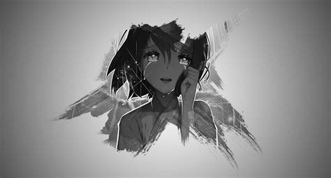 Download Black And White Anime Girl Crying Landscape Minimalist Wallpaper | Wallpapers.com