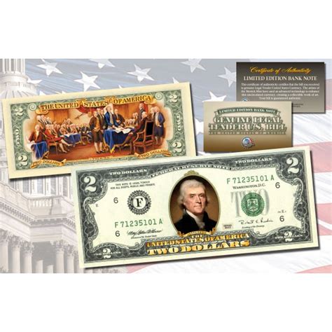 TWO DOLLAR $2 U.S. Bill Genuine Legal Tender Currency COLORIZED 2-SIDED