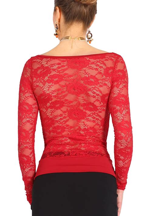 Red Lace Blouse Lace Sleeves Top Lace Back Top Sheer Top | Etsy