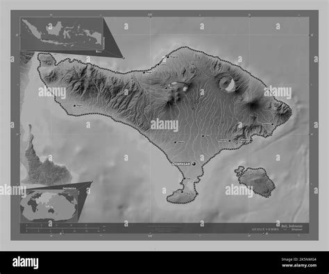 Bali, province of Indonesia. Grayscale elevation map with lakes and rivers. Locations and names ...