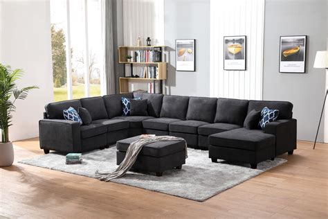 Lilola Home Jocelyn Contemporary Dark Gray Woven 8Pc Modular L-Shape Sectional Sofa Chaise and ...