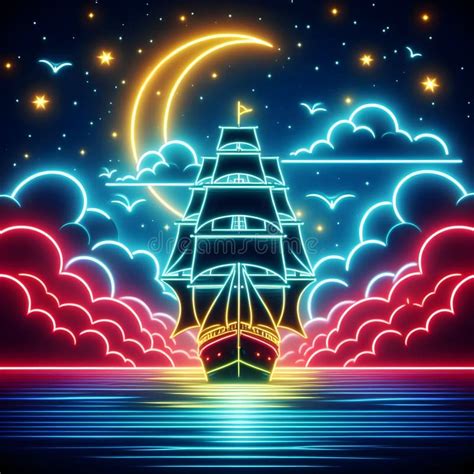 Sailing Ship in the Night Sky with Clouds. Neon Light Art Stock Illustration - Illustration of ...