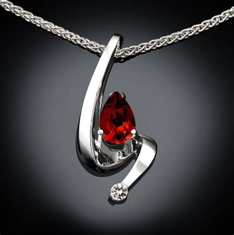 garnet necklace, garnet pendant, Argentium silver, January birthstone, white sapphire, red ...