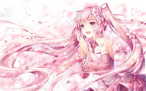 Vocaloid, Hatsune Miku, Sakura Miku, Long hair, Twintails, Flower in hair, Flower petals ...