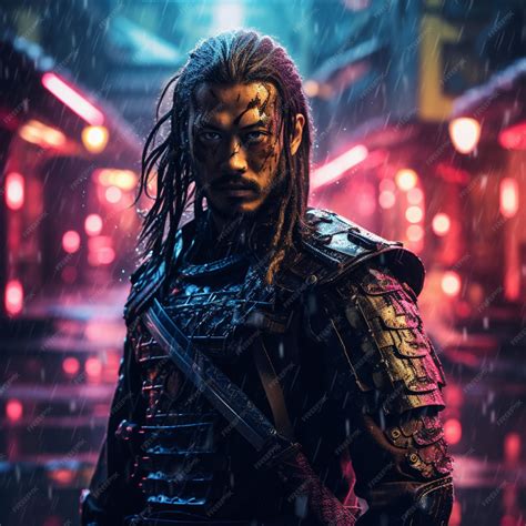 Premium AI Image | shot of samurai Cyberpunk samurai surrounded by city neon lighting