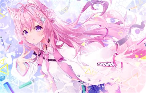 Anime Anime Girls Pink Hair Cat Ears Cat Girl Heart Purple Eyes Wallpaper - Resolution:1573x1000 ...