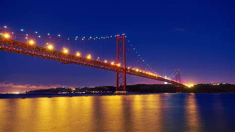 Wallpaper Portugal, Tagus river, 25th April Bridge, Lisbon, night ...