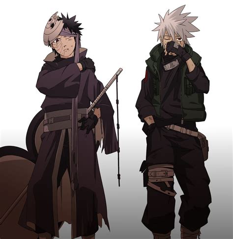 Uchiha Obito and Hatake Kakashi. Anyone notice that Kakashi isn't wearing his mask, but his hand ...