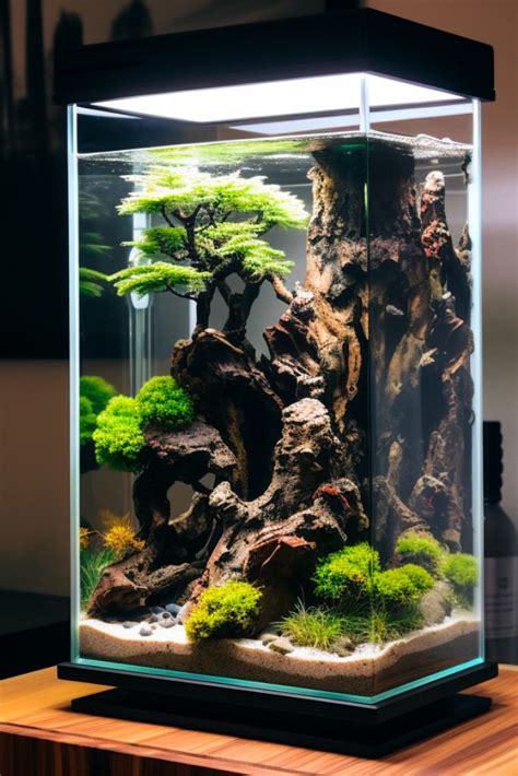 an aquarium with rocks and trees inside