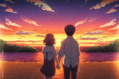 Anime Couple Holding Hands at Sunset, Valentine's Day, Sunset Stock Illustration | Adobe Stock