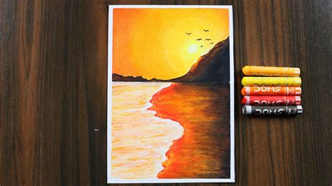 Easy Sunset Scenery Drawing with Oil Pastels for Beginners / Step by Step Beach Sunset Drawing ...