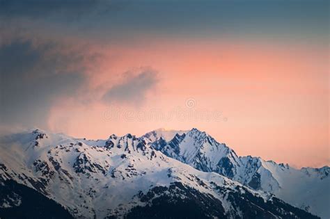 Snow-covered Mountains and the Pink Sky at Sunrise. Alps, France Stock Image - Image of ...