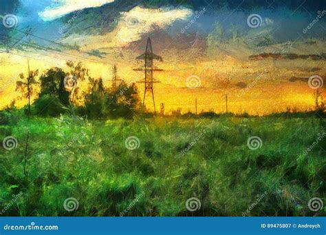 Oil Painting Sunset in a Field in the Countryside Stock Image - Image ...