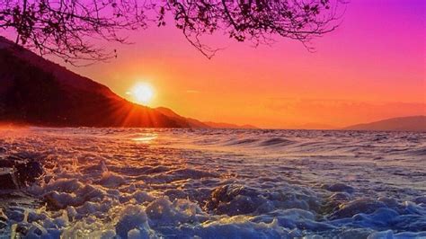 Sea With Waves And Mountain During Sunset Under Purple Sky HD Sunset Wallpapers | HD Wallpapers ...