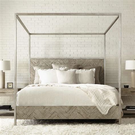 metal canopy bed with herringbone details and silver metal framing ...