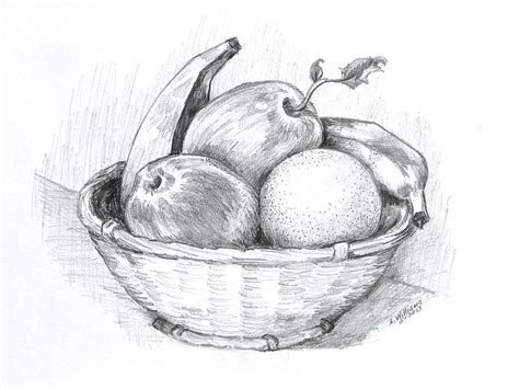 Still Life Fruit Basket Drawing by Linda Williams